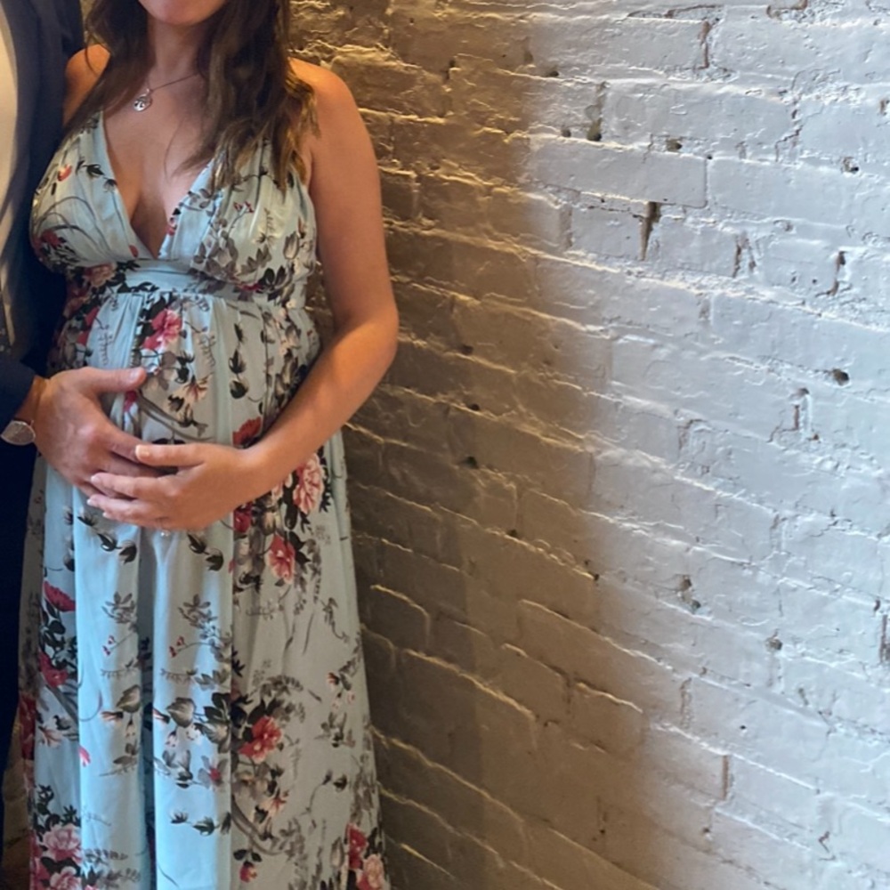 SHEIN floral baby blue dress with pink flowers and grey accents